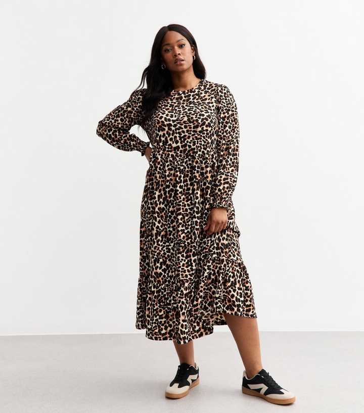 Curves Brown Jersey Leopard Print Midi Dress | New Look Curves Brown Jersey Leopard Print Midi Dress | New Look