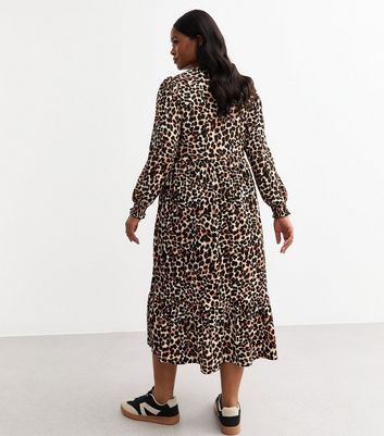 Curves Brown Jersey Leopard Print Midi Dress New Look