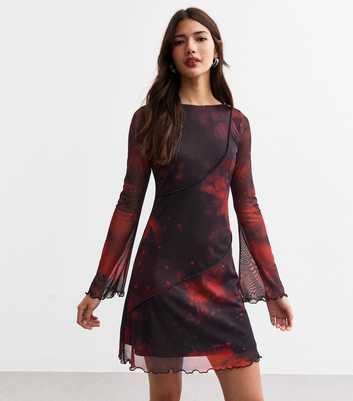 Black Swirl Print Exposed Seam Mesh Mini Dress