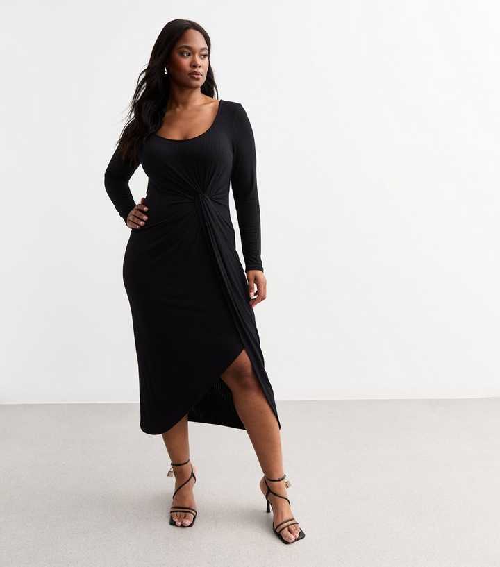 Curves Black Ribbed Knot Front Long Sleeve Dress | New Look