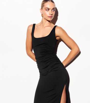 Black Square Neck Ruched Midi Dress