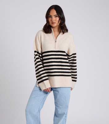 Urban Bliss Pale Beige Knit Striped Half Zip Jumper