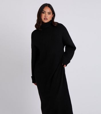 Urban Bliss Black Ribbed Knit Roll Neck Midi Dress New Look