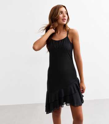 Girls Black Strappy Mesh Asymmetric Dress