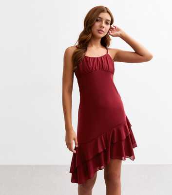 Girls Burgundy Strappy Mesh Asymmetric Dress