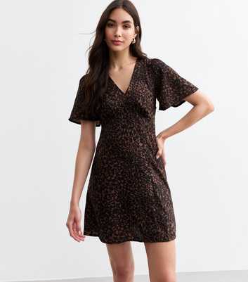 Brown Flutter Sleeve V Neck Mini Dress