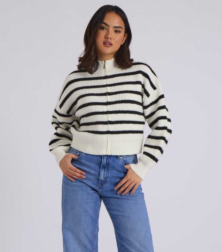Urban Bliss Off White Striped Zipped Cardigan