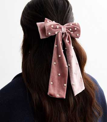 Pink Velvet Faux Pearl Bow Hair Slide