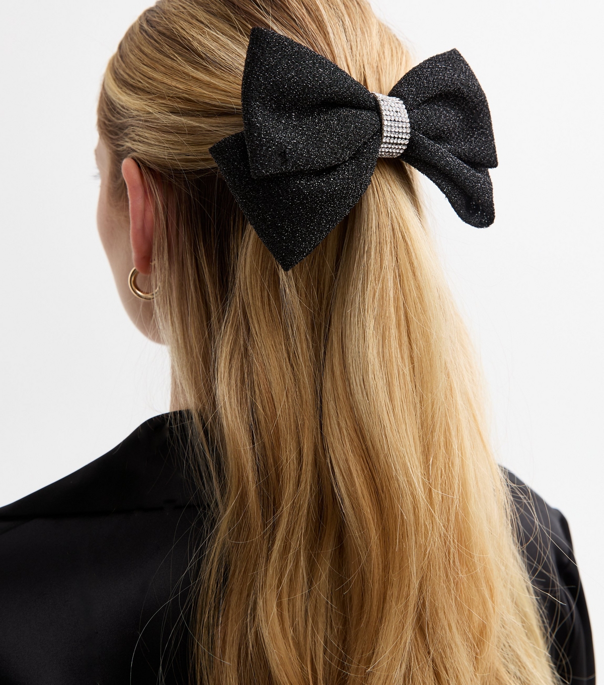 Black Metallic Diamantè Embellished Bow Hair Slide New Look