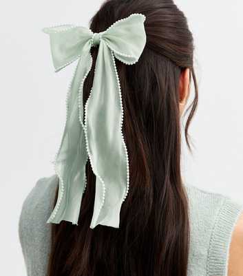 Green Organza Faux Pearl Trim Bow Hair Slide