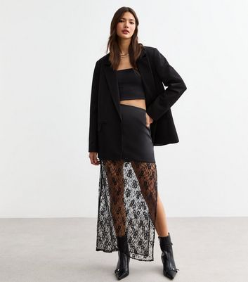 Black Lace Trimmed Satin Midi Skirt New Look