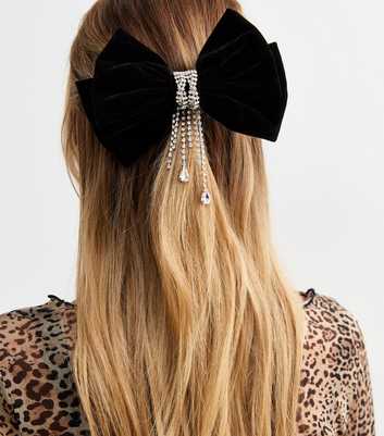 Black Velvet Diamanté Tassel Bow Hair Slide