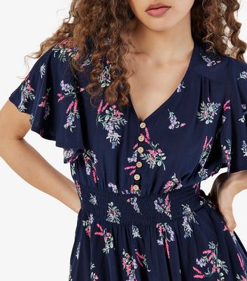 Apricot Navy Floral Button Front Mini Dress New Look