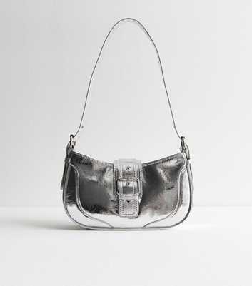 Silver Faux Leather Buckle Shoulder Bag