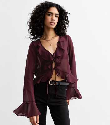 Burgundy Ruffle Trim Tie Up Sheer Chiffon Blouse