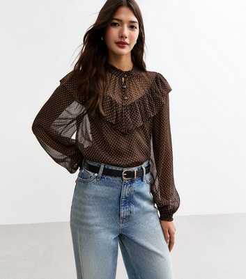 Brown Polka Dot Frilly Trim Chiffon Blouse