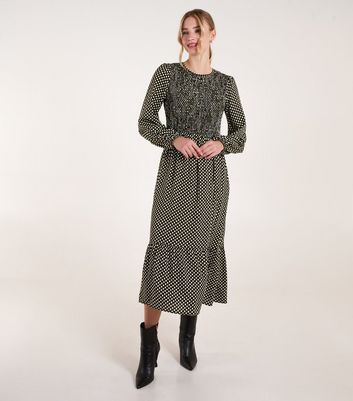 Blue Vanilla Khaki Geometric Polka Dot Shirred Midi Dress