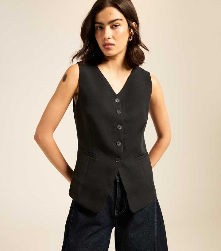 Black V-Neck Button Front Waistcoat