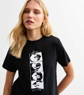 Black Cotton Photo Lips Print T-Shirt