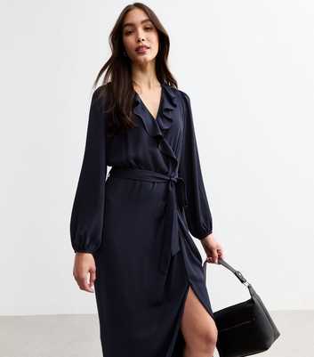 Navy Ruffle Belted Midi Dress