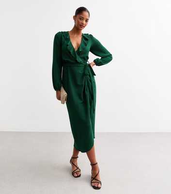 Dark Green Crinkle Texture Ruffle Trimmed Midi Dress