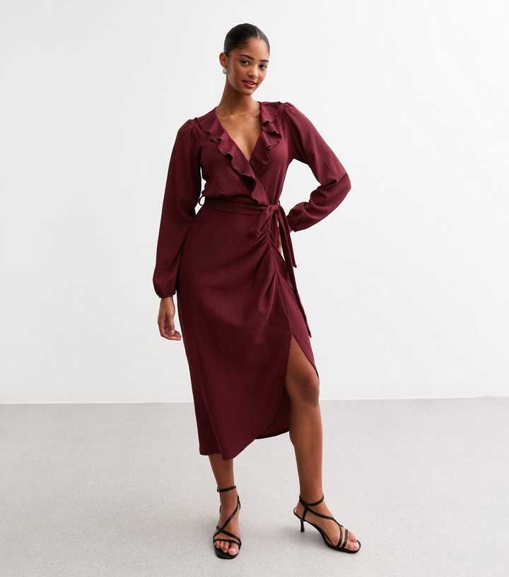 Dark Red Crinkle Texture Ruffle Trimmed Midi Dress | New Look