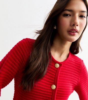 Red Button Up Ribbed Cardigan