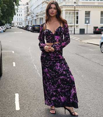 WKNDGIRL Purple Floral Textured Maxi Skirt