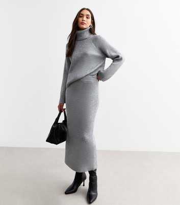 Grey Ribbed Sparkle Knit Roll Neck Jumper