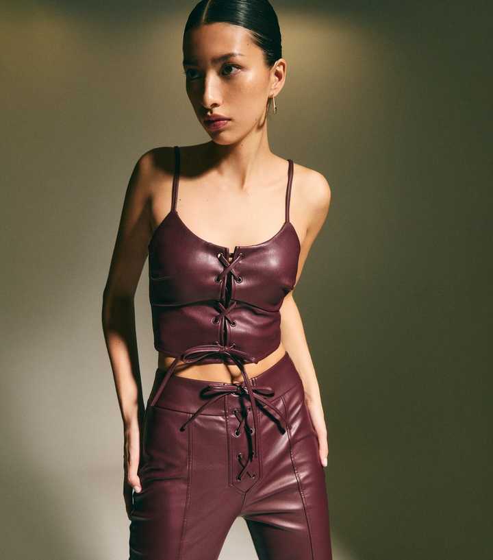 Black Backless Lace-Up Leather Crop Top