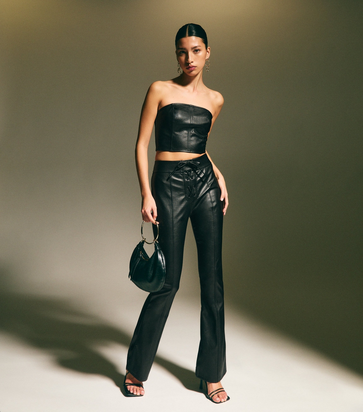 Women's Black Lace Up Flared Faux Leather Trousers New Look