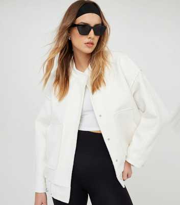 WKNDGIRL Cream Textured Oversized Bomber Jacket