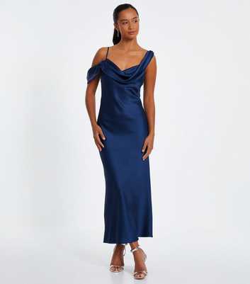 QUIZ Petite Navy Draped Shoulder Satin Midi Dress