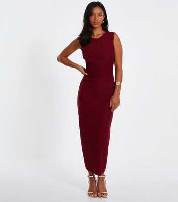 QUIZ Petite Dark Red Ruched Bodycon Dress