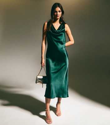 Green Cowl Neck Satin Midi Dress