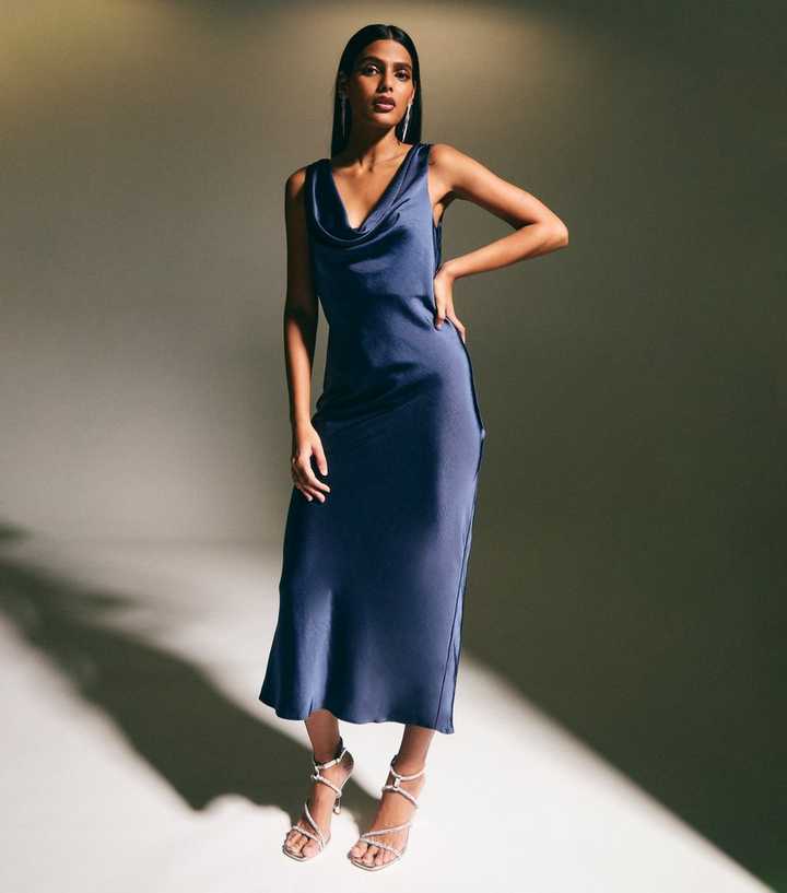 Navy Cowl Neck Satin Midi Dress