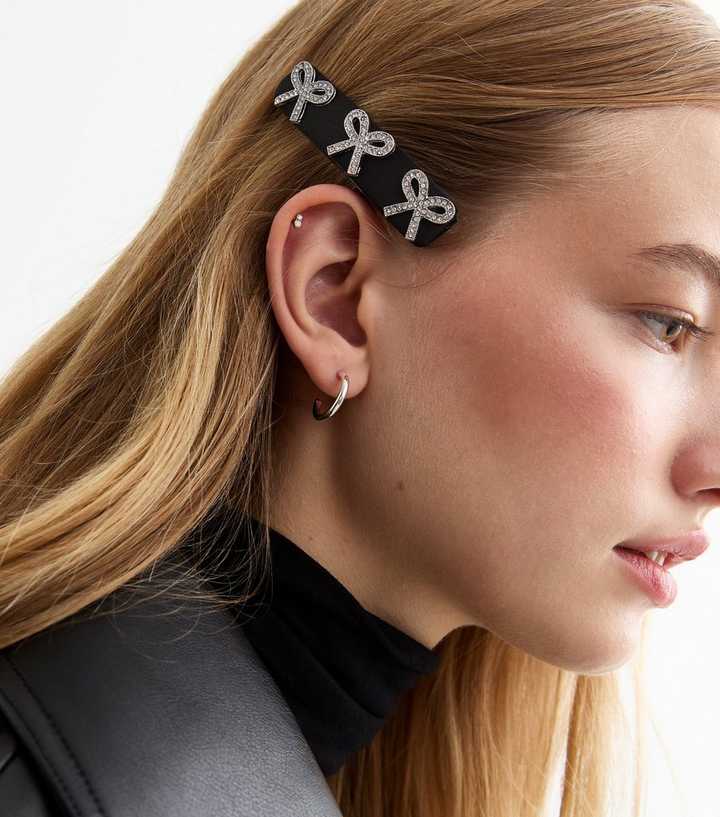Black Diamanté Bow Fabric Hair Slide
