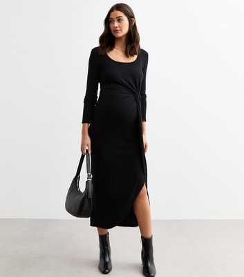 Maternity Black Ribbed Knot Front Long Sleeve Dress