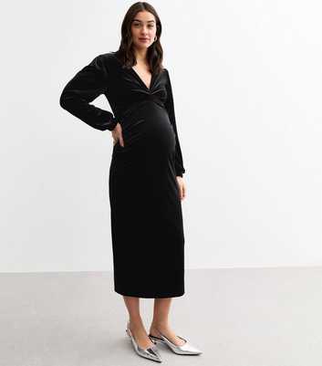 Maternity Black Velvet Long Sleeve Wrap Midi Dress