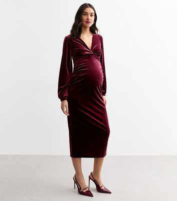 Maternity Red Velvet Long Sleeve Wrap Midi Dress