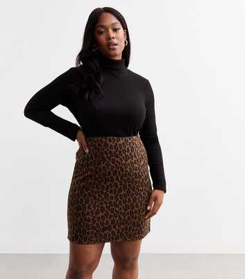 Curves Brown Leopard Print Jacquard Mini Skirt