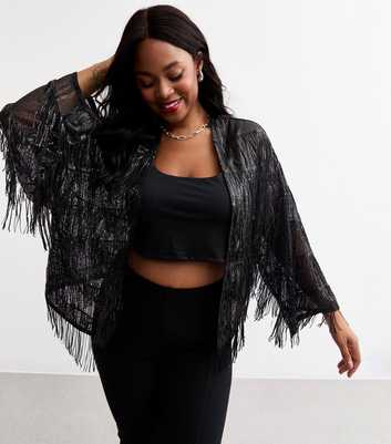 Curves Black Sequinned Fringe Open Front Cardigan