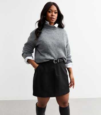 Curves Black Belted A-Line Mini Skirt