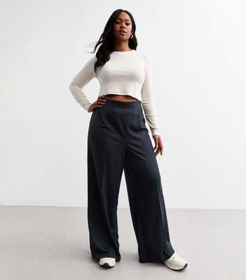 Curves Navy Wide Leg Jersey Trousers