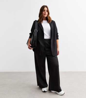 Curves Black Pinstripe Wide Leg Trousers 