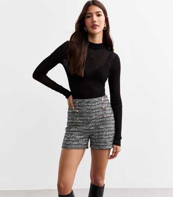 Black Bouclé Button Detail Shorts