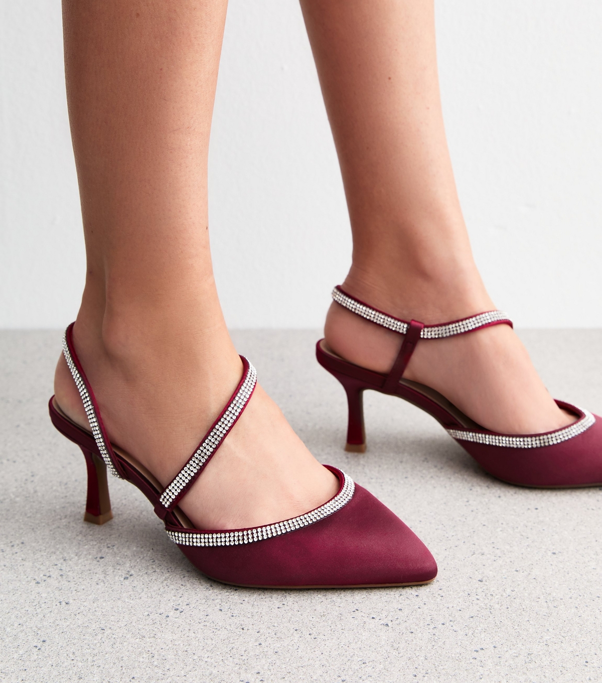 Women's Wide Fit Burgundy Diamante Trimmed Satin Court Shoes Vegan New Look