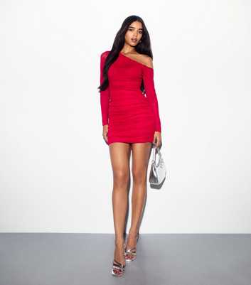 Red One Shoulder Long Sleeve Mini Dress