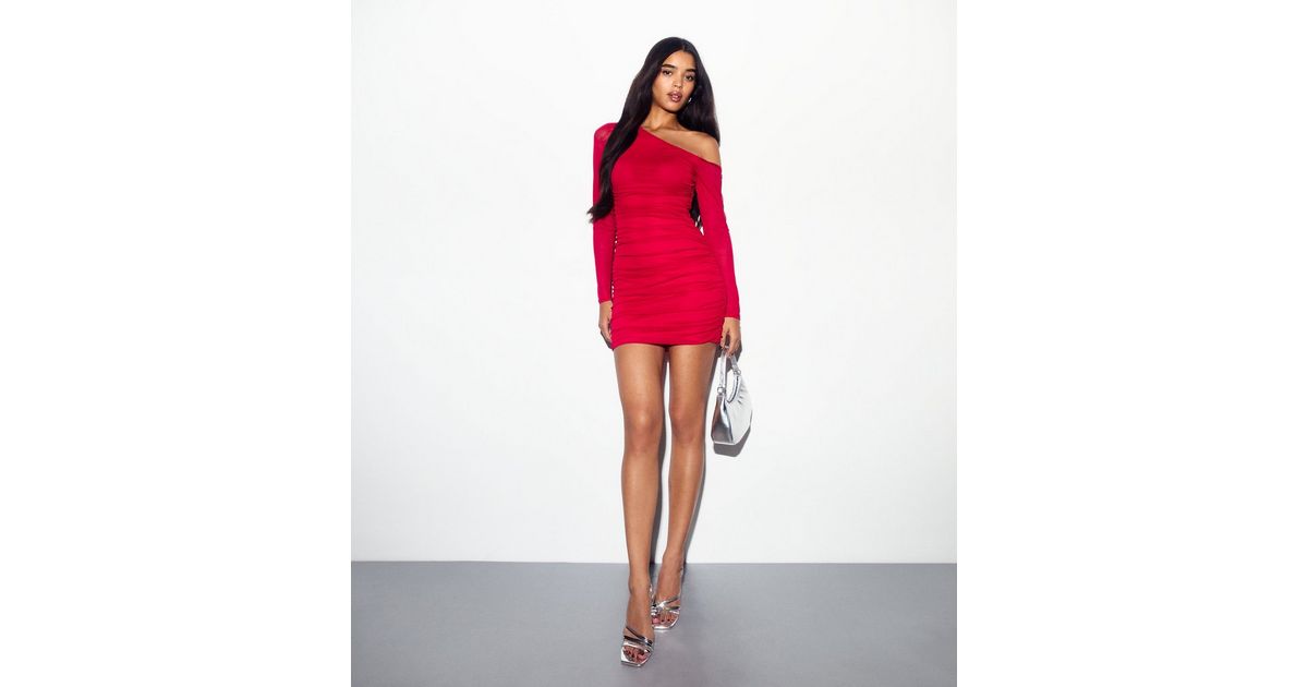 Womens Dresses Off The Shoulder One Sleeve Dress Red One Shoulder