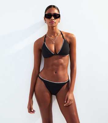 Black Blanket Stitch Crinkle Tanga Bikini Bottoms